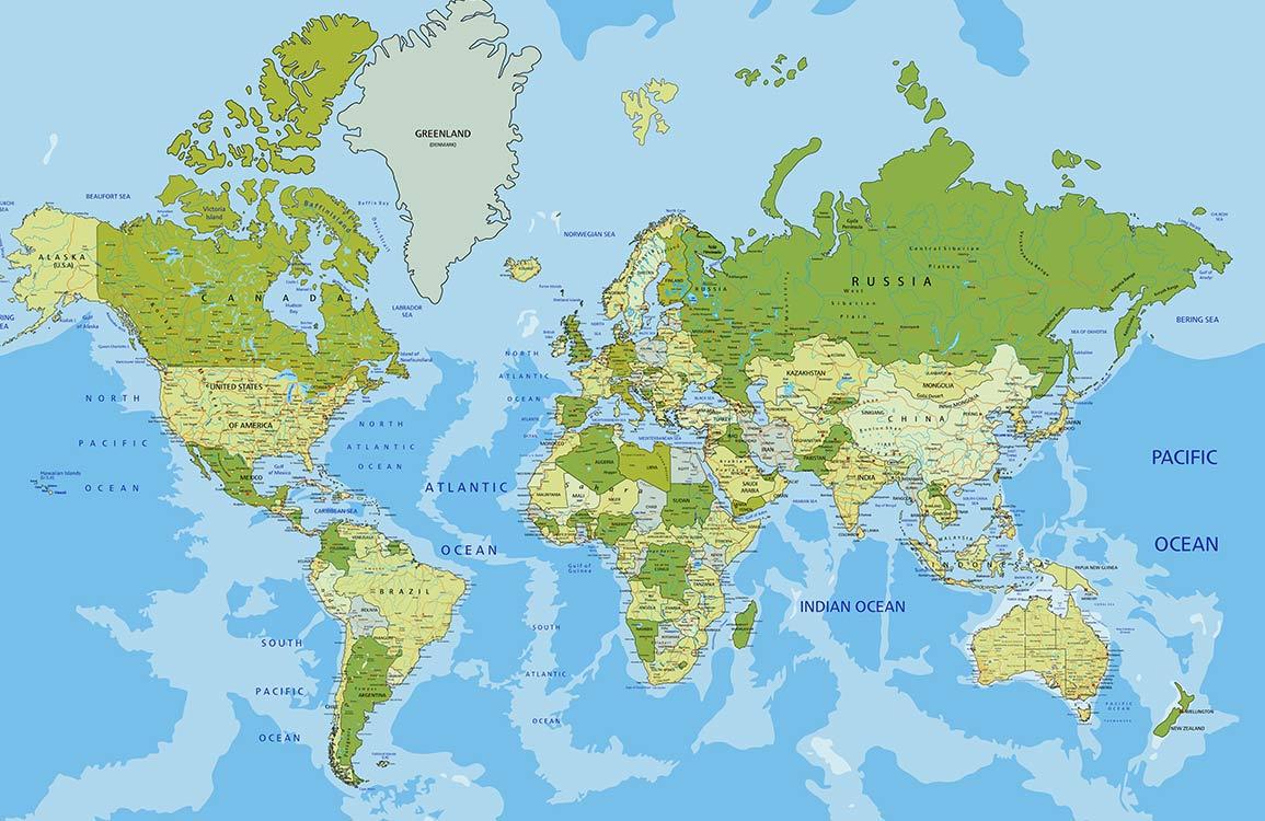 Vintage World Map Mural Wallpaper in Green and Blue Tones