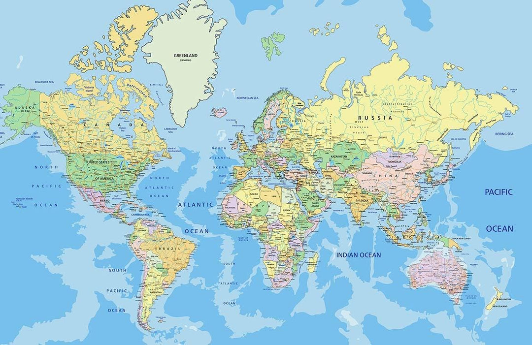 Vintage World Map Mural Wallpaper in Pastel Colours for Educational Decor