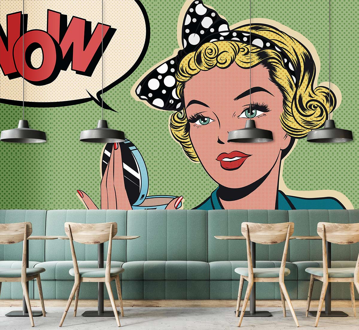 Retro Pop Art Comic Style Mural Wallpaper with colourful green backdrop in cafe setting.