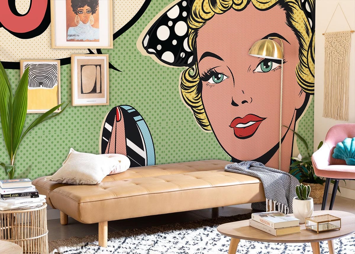 Retro pop art comic mural wallpaper with vibrant colours in stylish living room, tan sofa, modern decor.