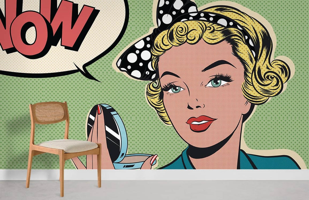 Retro Pop Art Comic Style Mural Wallpaper with vibrant colours, chair, light flooring in room.