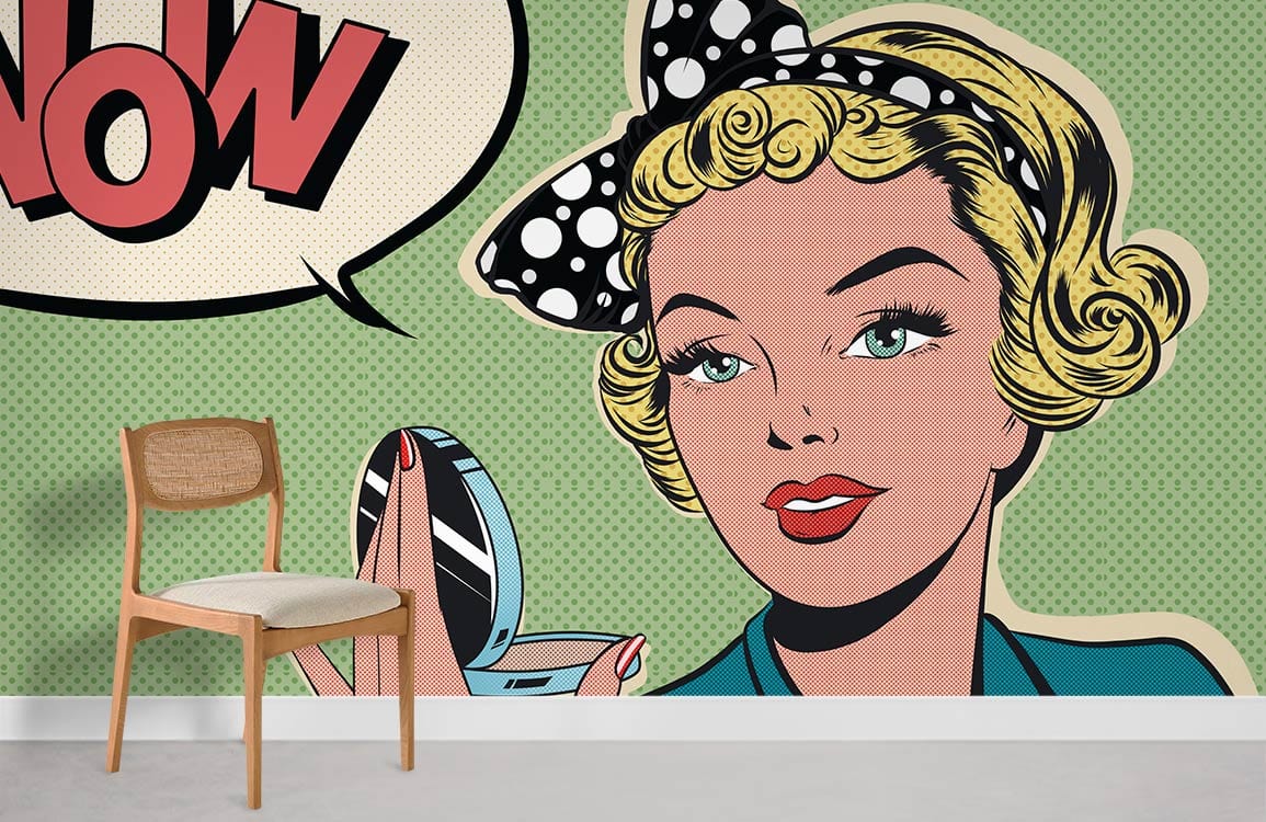Retro Pop Art Comic Style Mural Wallpaper with vibrant colours, chair, light flooring in room.