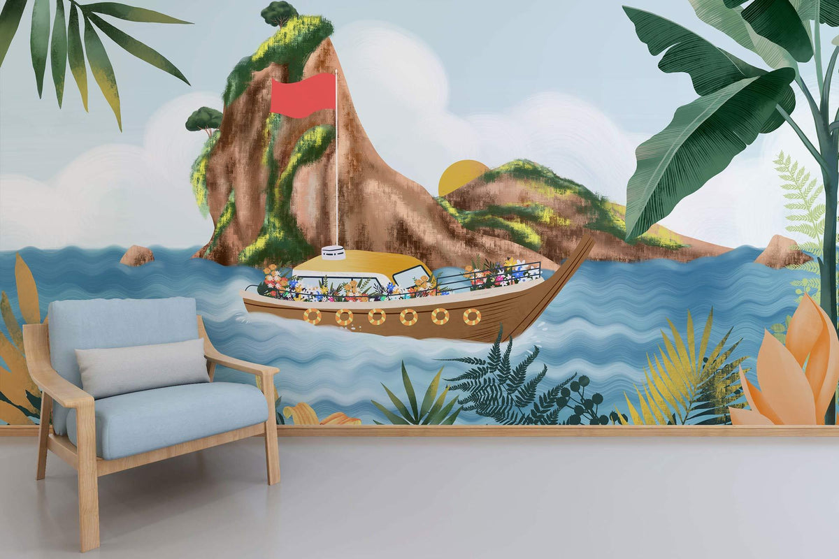 Tropical boat mural with islands, greenery; light wood chair, blue cushion; in a modern room.