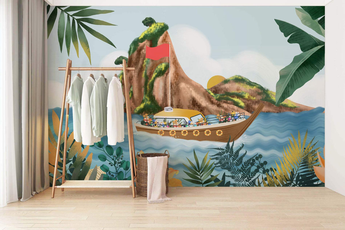 Alt text: Tropical Boat Adventure mural wallpaper in living room with light wood flooring, clothes rail, and curtains.