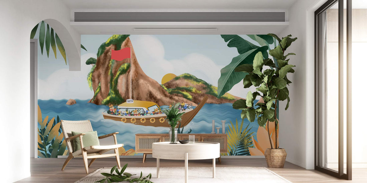 Tropical Boat Adventure Mural on white wall, modern lounge, wooden flooring, vibrant island scenery.