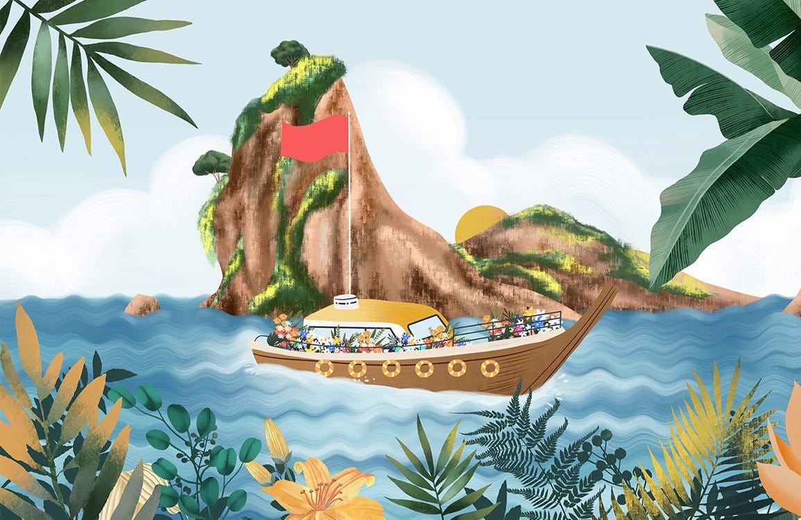 Yacht & Tropical Island Wallpaper Mural