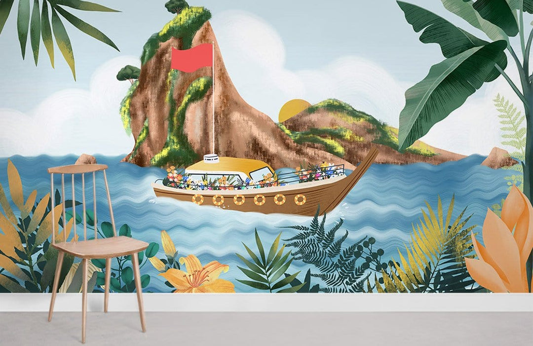 Tropical boat mural wallpaper in living room with wooden chair and neutral flooring. Vibrant island scene.