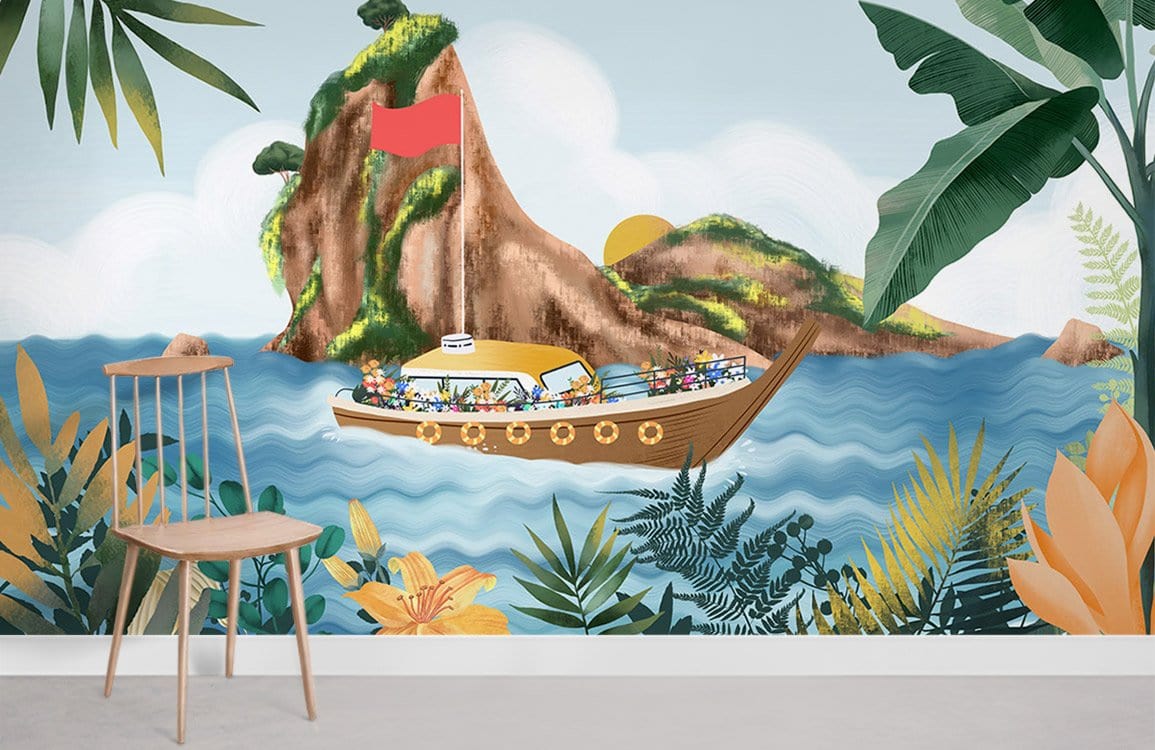Tropical boat mural wallpaper in living room with wooden chair and neutral flooring. Vibrant island scene.