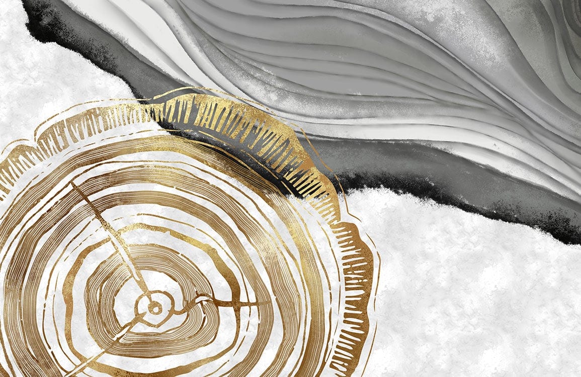Elegant Gold and Grey Abstract Nature-Inspired Mural Wallpaper Design