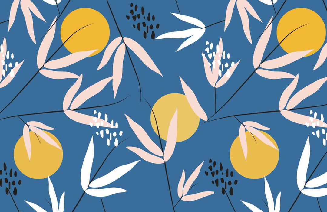 Midnight Blue Botanical Wallpaper with Mustard Yellow and Pastel Pink Accents