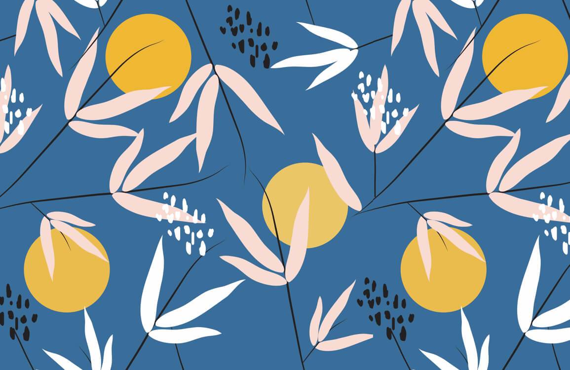 Midnight Blue Botanical Wallpaper with Mustard Yellow and Pastel Pink Accents