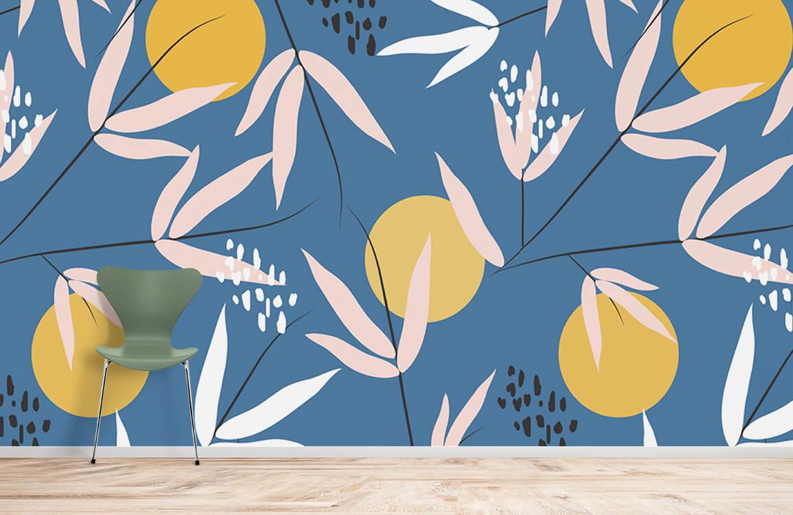 Midnight blue botanical wallpaper with mustard accents, featuring modern chair and wooden flooring in room.