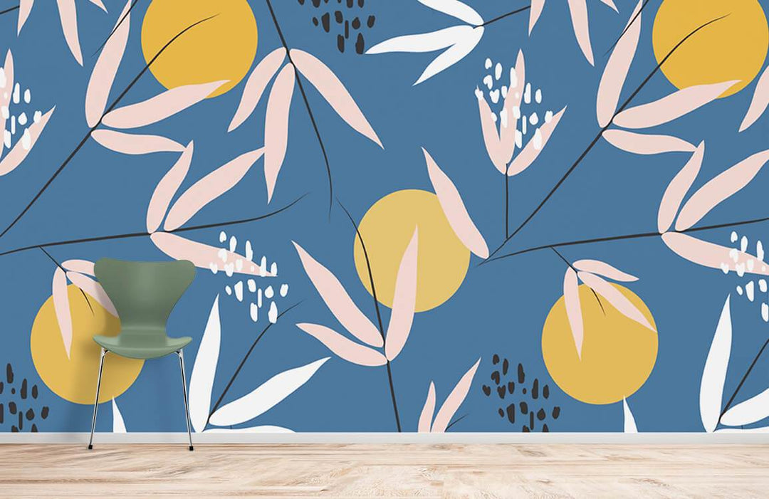 Midnight blue botanical wallpaper with mustard accents, featuring modern chair and wooden flooring in room.