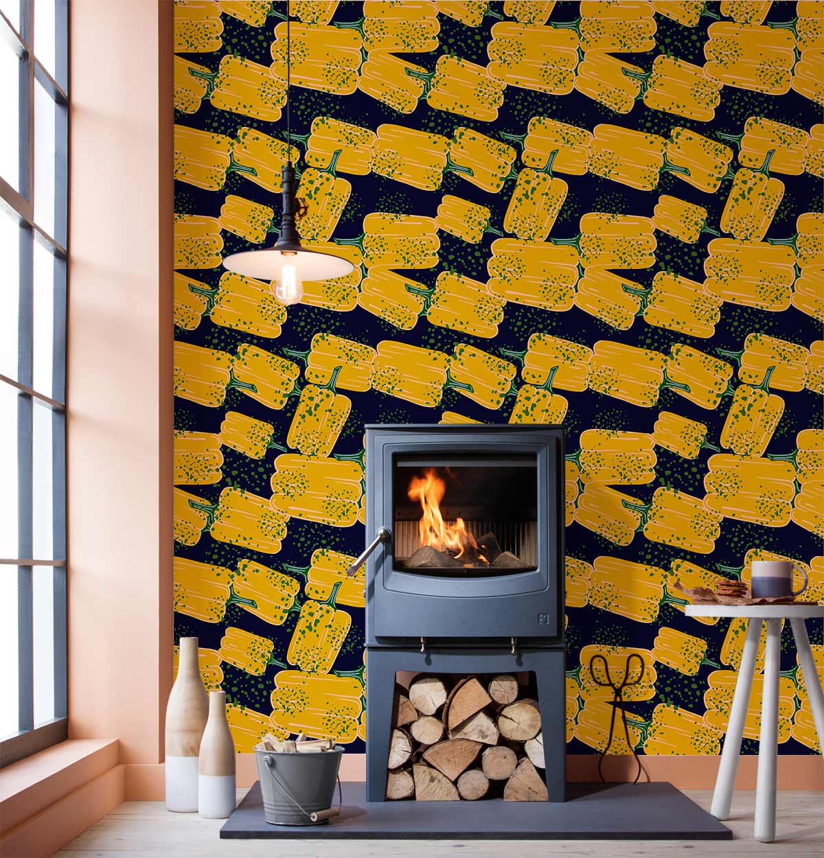 Vibrant yellow corncob wallpaper in farmhouse kitchen with stove, pink walls and light wood flooring.