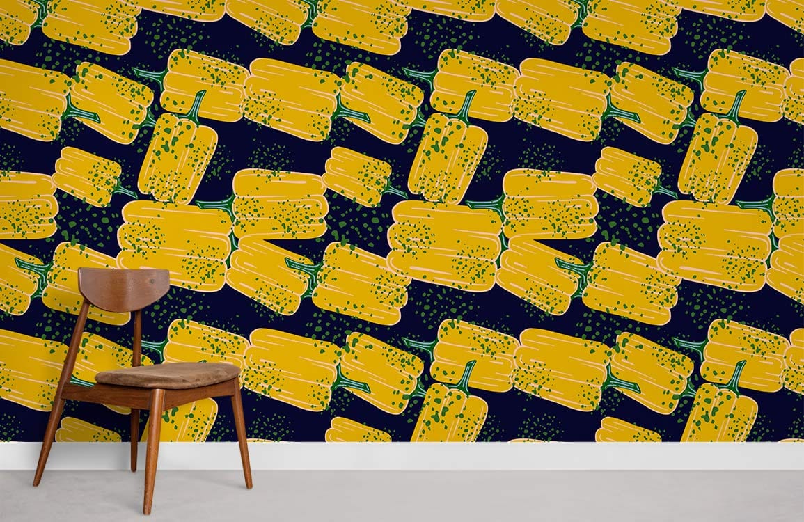 Vibrant yellow corncob wallpaper in modern farmhouse kitchen with wooden chair and concrete flooring.