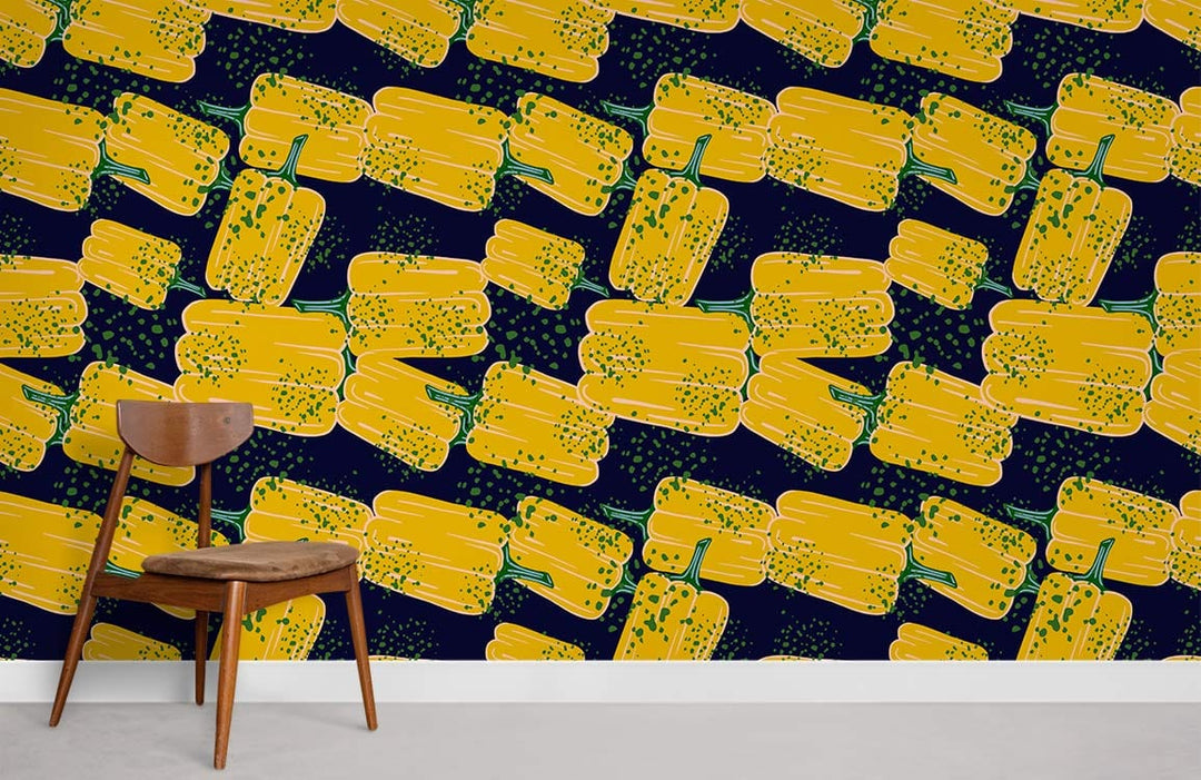 Vibrant yellow corncob wallpaper in modern farmhouse kitchen with wooden chair and concrete flooring.