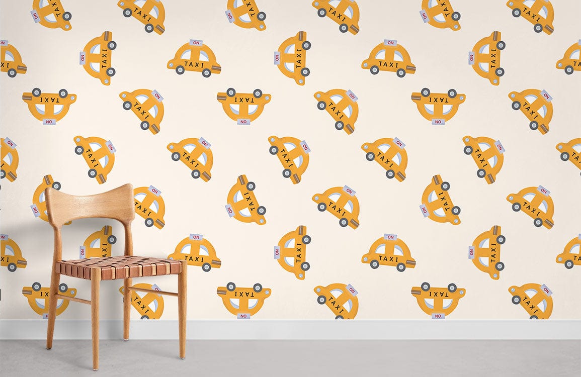 Retro yellow taxi wallpaper in playful vintage style, wooden chair, grey floor, vibrant interior decor.