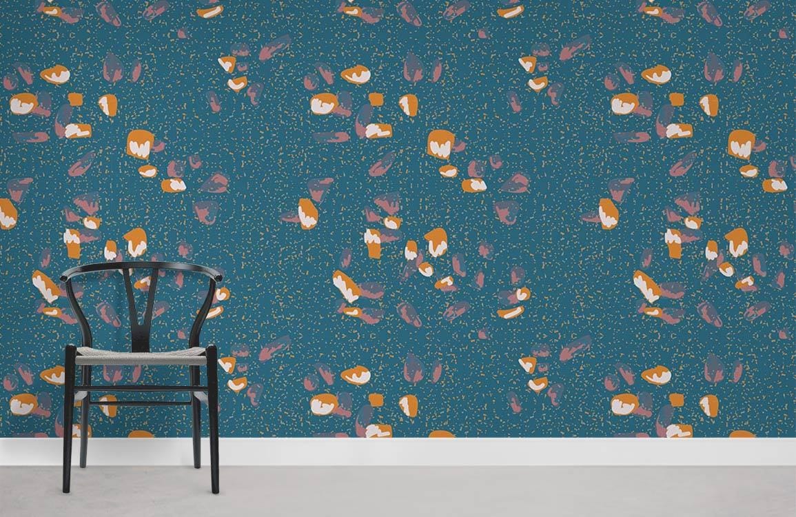 Teal and orange floral wallpaper, retro bohemian design, black chair, grey flooring, stylish interior.