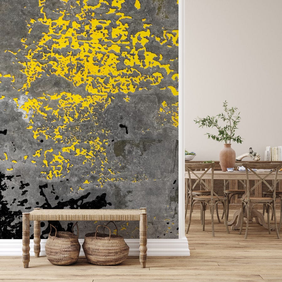 Urban industrial graffiti wall mural, featuring textured yellow and grey with wooden flooring.