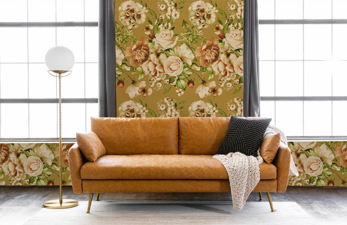 Vintage Floral Elegance wallpaper behind brown leather sofa, grey curtains, and modern lamp in stylish room.