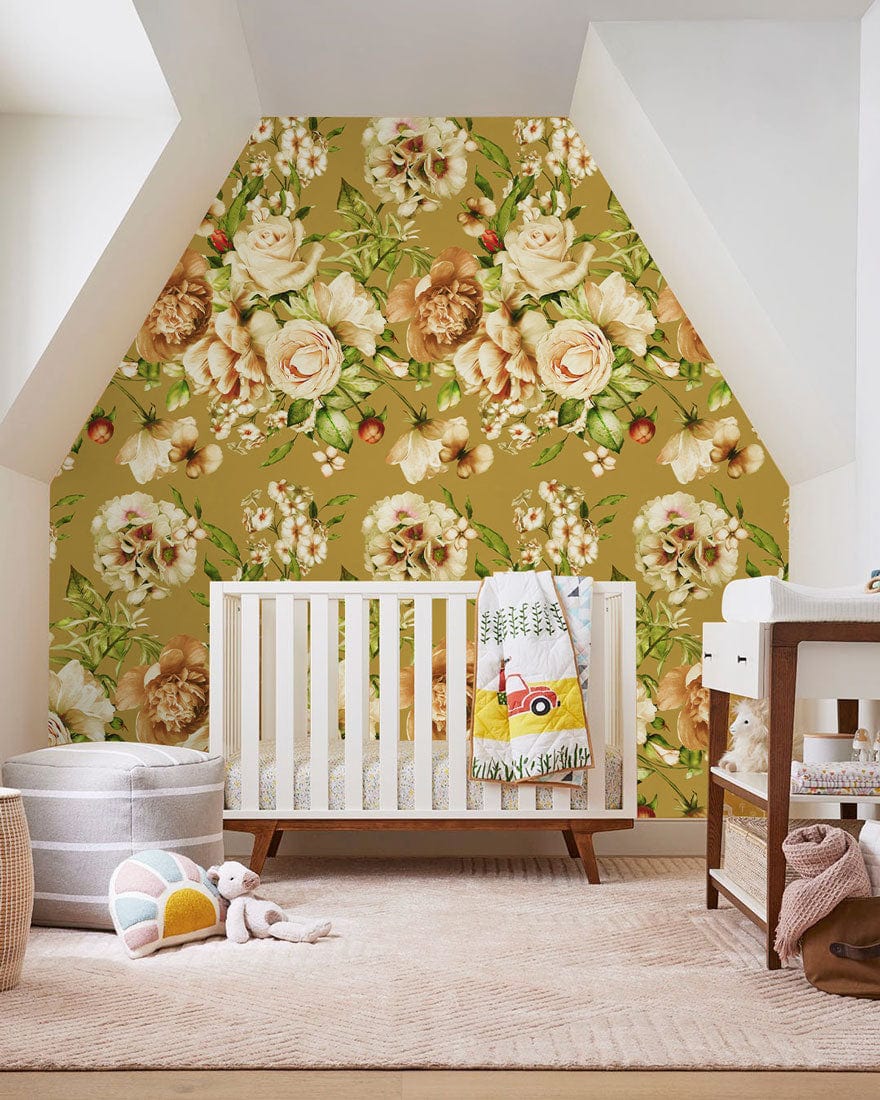 Vintage Floral Elegance wallpaper adorns nursery, featuring beige floral patterns. White crib and soft rug.