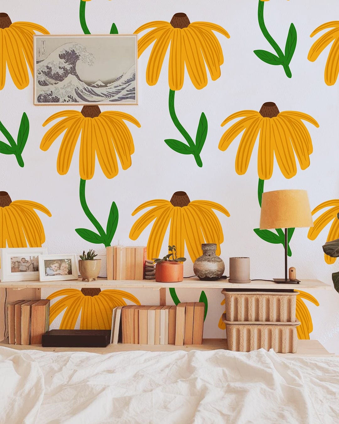 Sunny yellow floral wallpaper with green stems, modern room, light blue backdrop, contemporary decor elements.