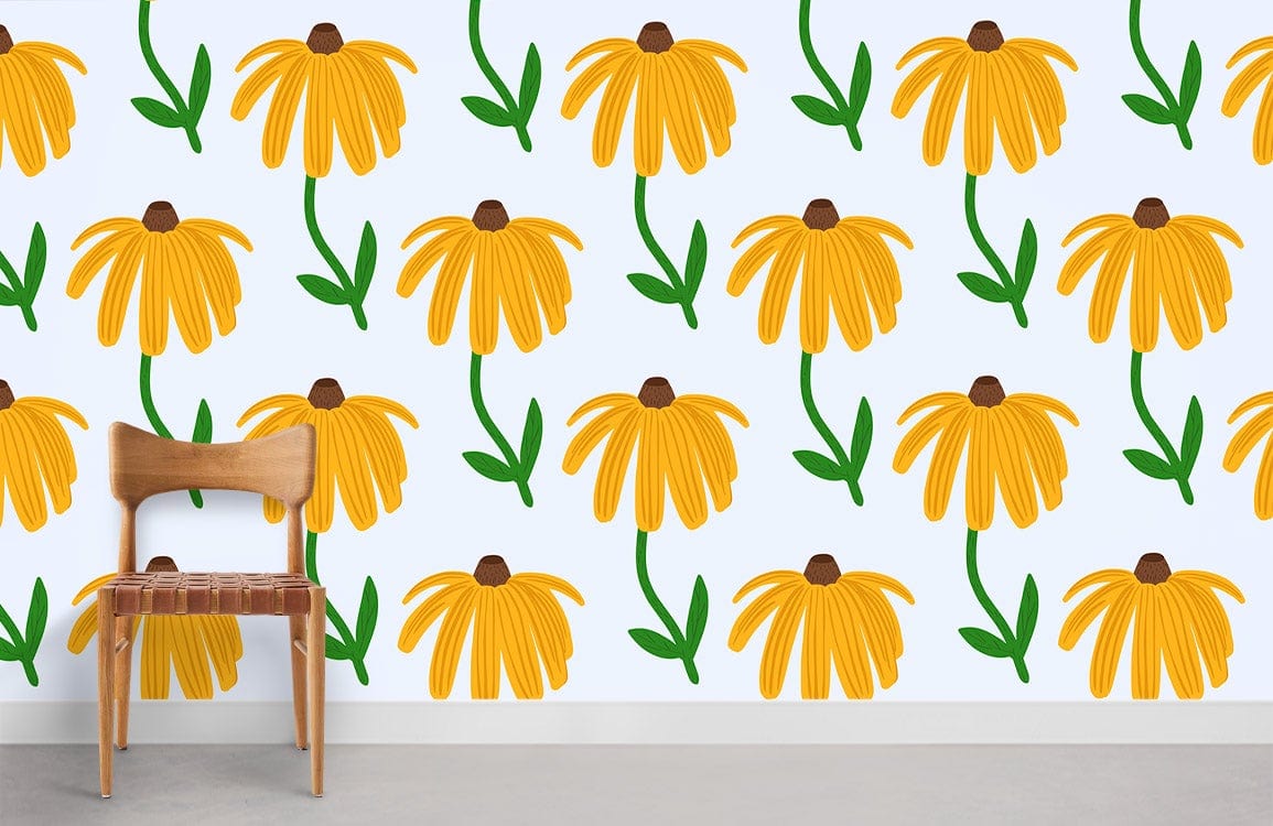 Sunny yellow floral patterned wallpaper with green stems, light wooden chair, grey floor, vibrant decor.