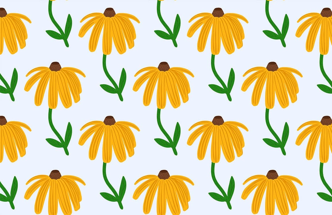 Sunny Yellow Floral Patterned Wallpaper with Green Stems on Light Blue Background