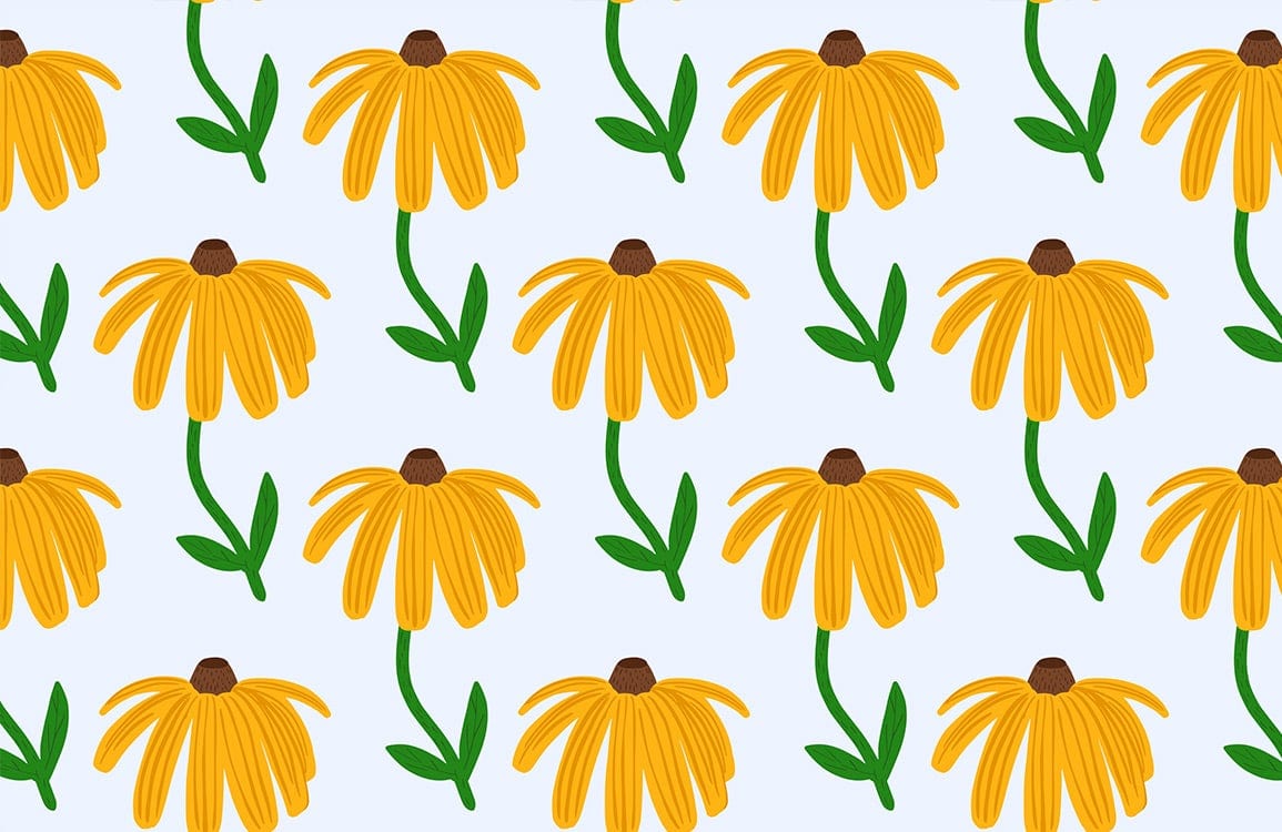 Sunny Yellow Floral Patterned Wallpaper with Green Stems on Light Blue Background
