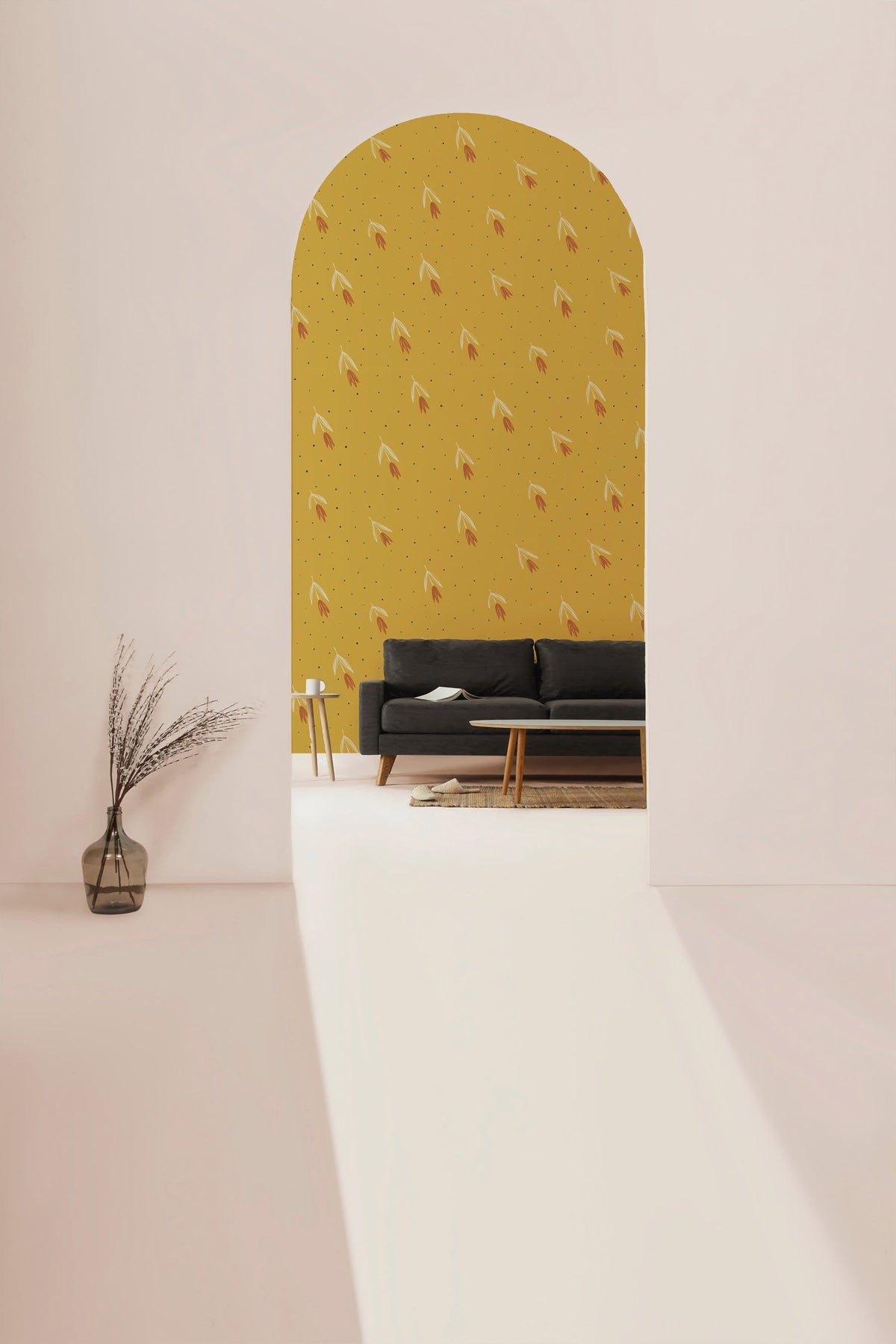 Vintage floral wallpaper with tulip pattern, black sofa, light flooring, minimalist decor, modern room.