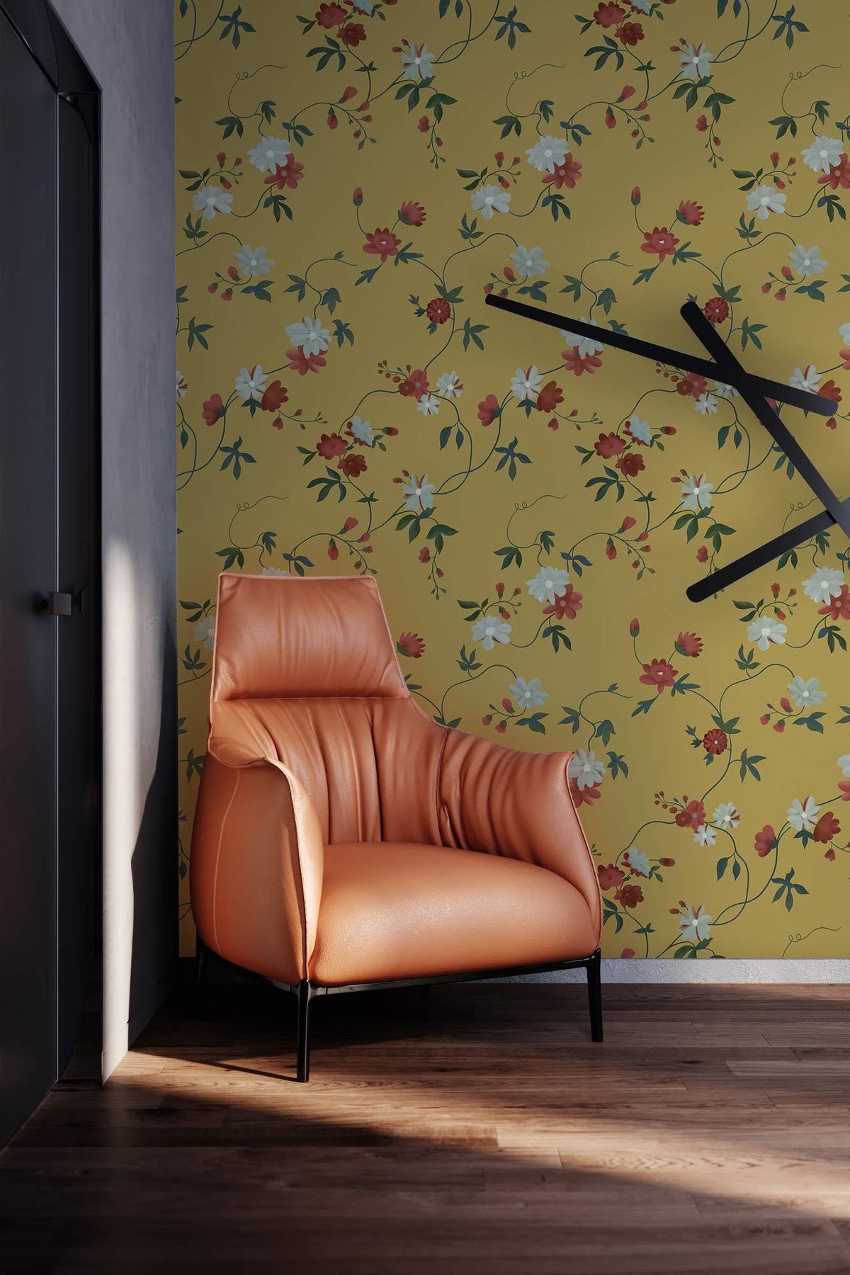 Vintage floral wallpaper with mustard blooms, leather armchair, wooden flooring, black modern wall clock.
