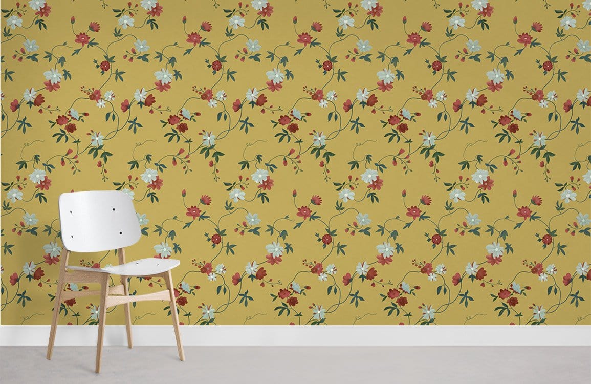 Vintage floral mustard wallpaper, delicate blooms, white chair, light flooring in a modern room setting.