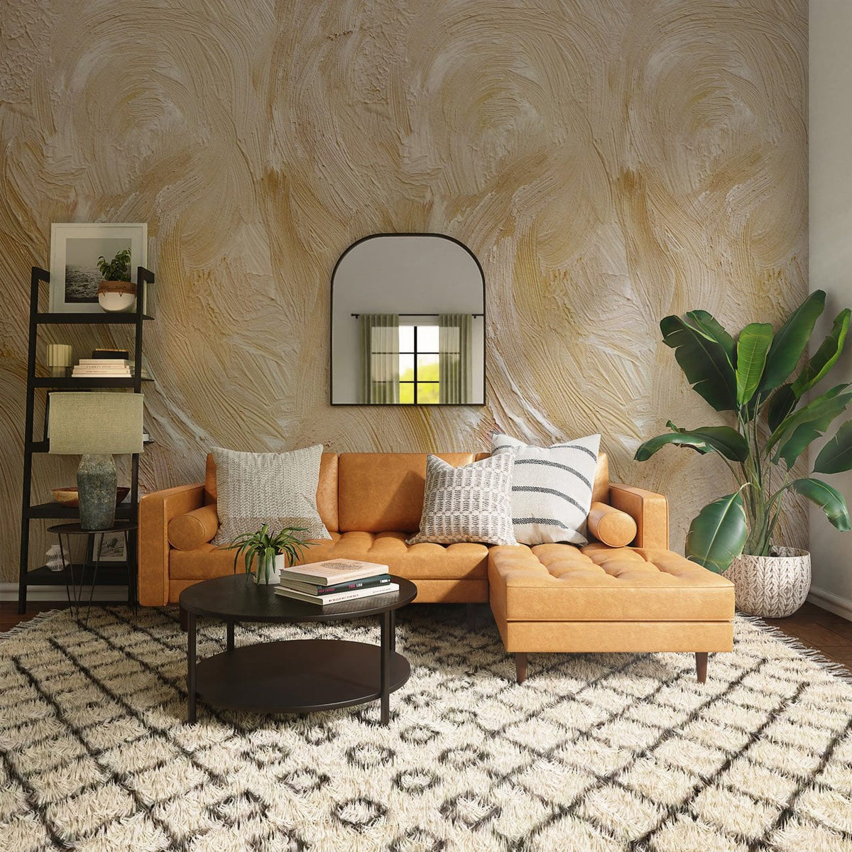 Golden Whirlwind Abstract Wallpaper, beige-toned living room, orange sofa, patterned rug, mirror, plant.