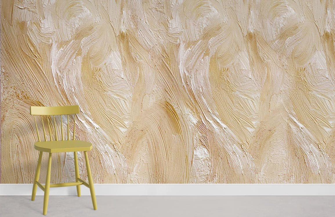 Golden Whirlwind abstract cream beige wallpaper with yellow chair, minimalist concrete flooring in modern setting.