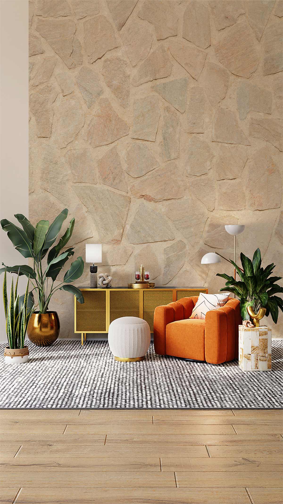 Natural beige stone effect textured wall mural wallpaper, orange armchair, wooden floor, modern interior.