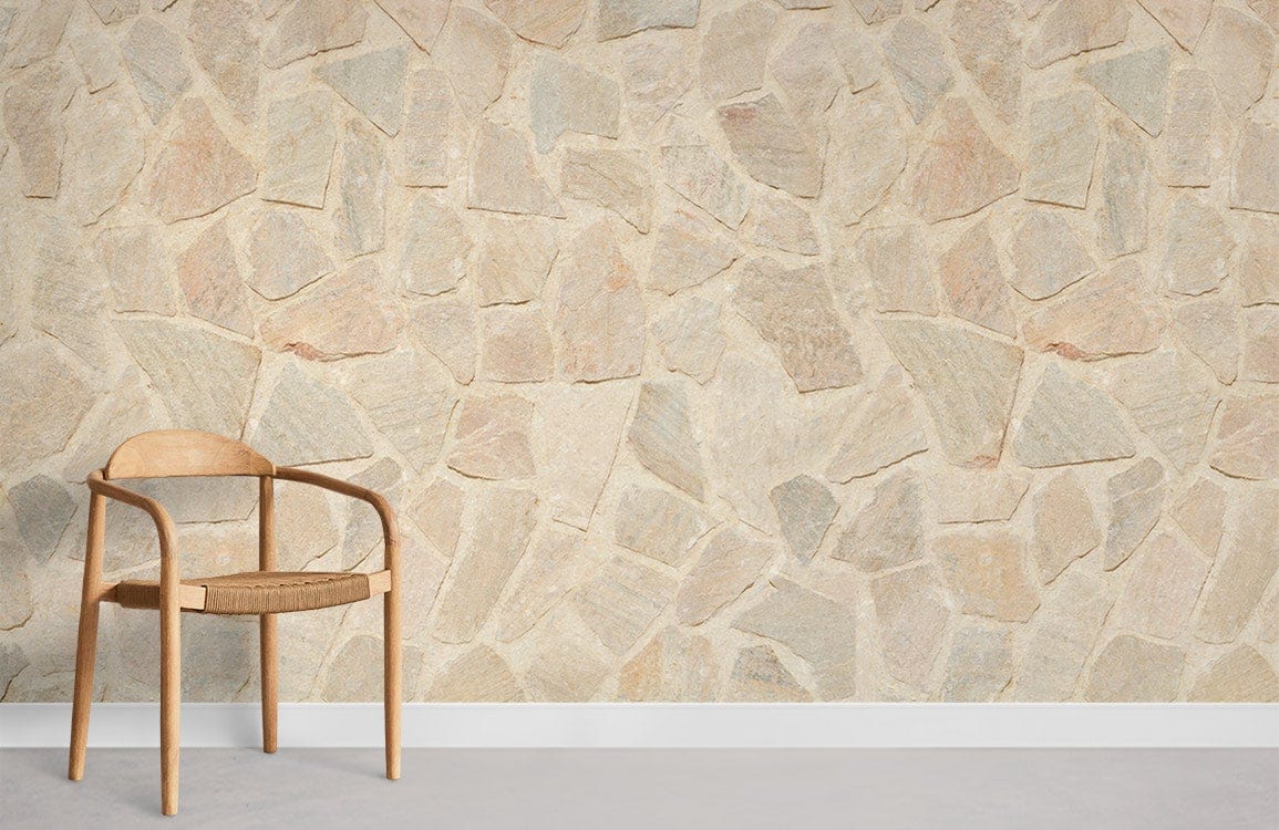 Natural Beige Stone Effect Wall Mural Wallpaper in minimalistic room with wooden chair on grey floor.