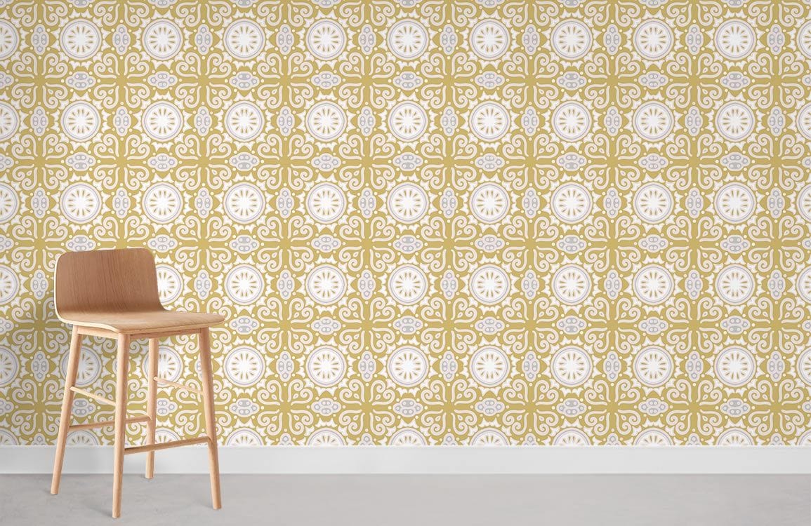 Vintage gold Victorian wallpaper, ornate pattern, wooden chair, grey flooring, elegant room Décor.