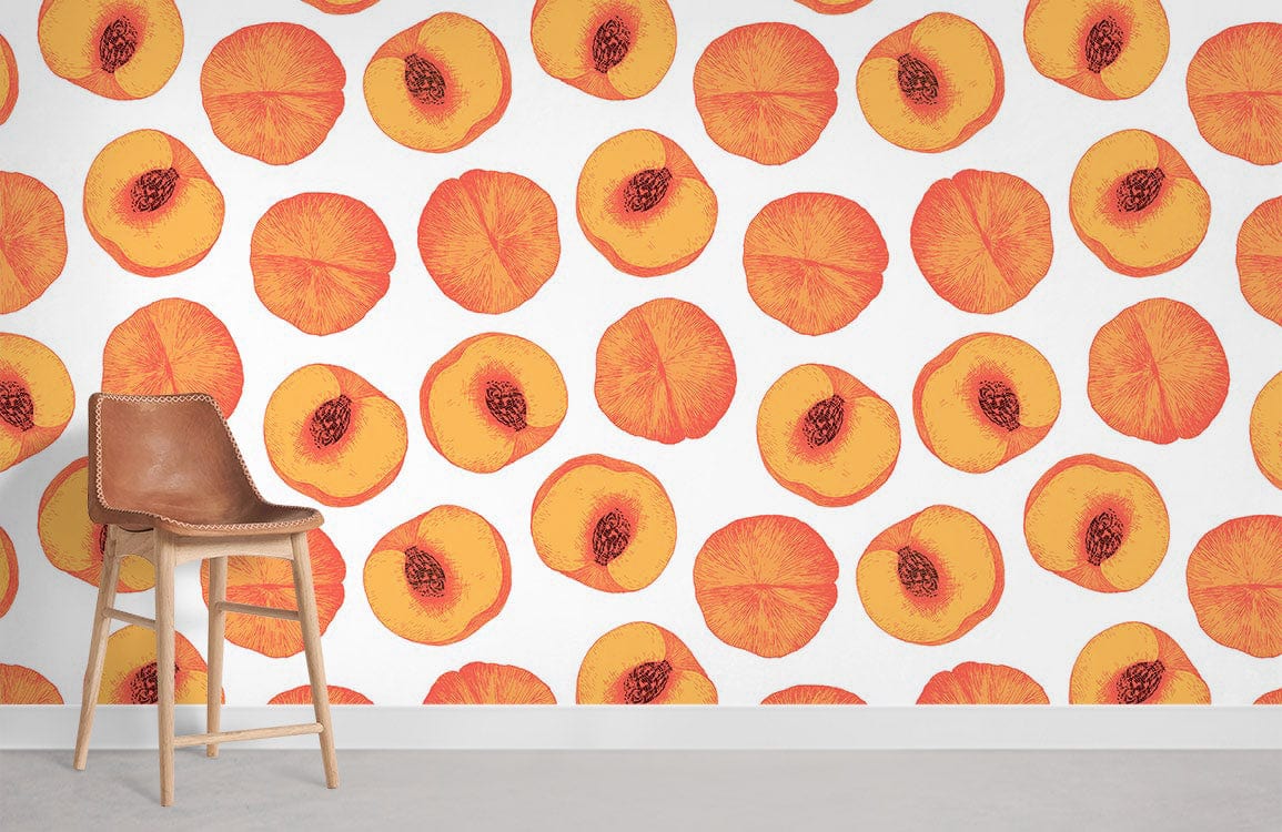 Vibrant peach slice wallpaper, fresh fruit design, brown chair on grey floor, modern interior decor.
