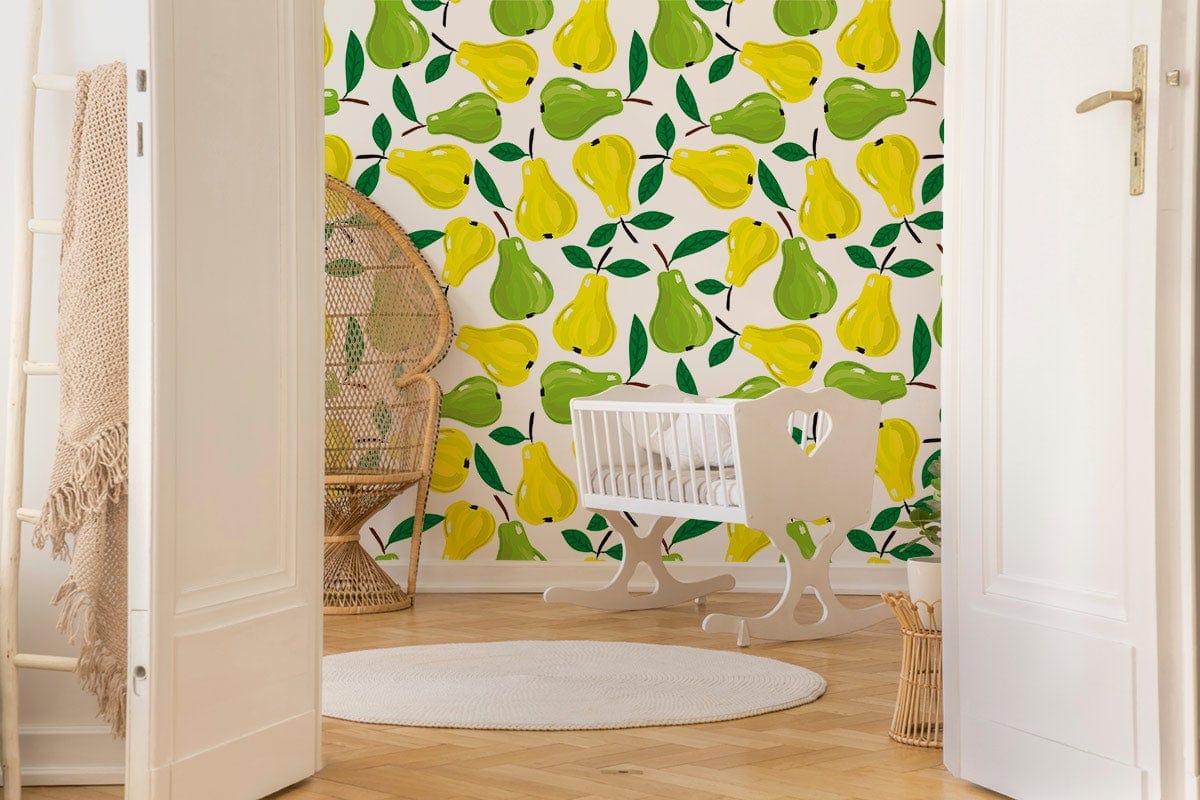 Vibrant pear pattern wallpaper in green and yellow, wooden flooring, wicker chair, white cradle, nursery.