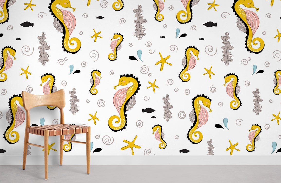 Colourful seahorse pattern wallpaper, whimsical decor, features wooden chair, grey floor, in bright room.