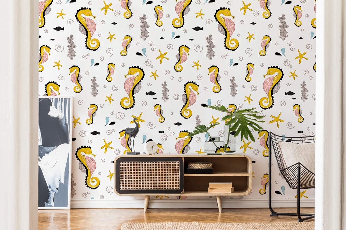 Colourful Seaside Seahorse Wallpaper in modern living room with rattan cabinet, chair, wooden flooring.