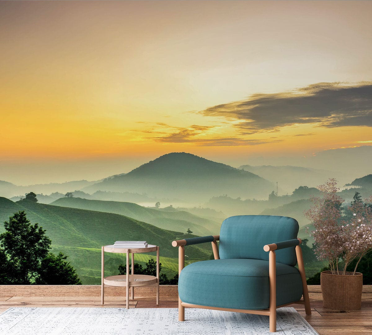 Serene Sunrise mural with teal armchair, light wood flooring, soft colours, in cosy living room.