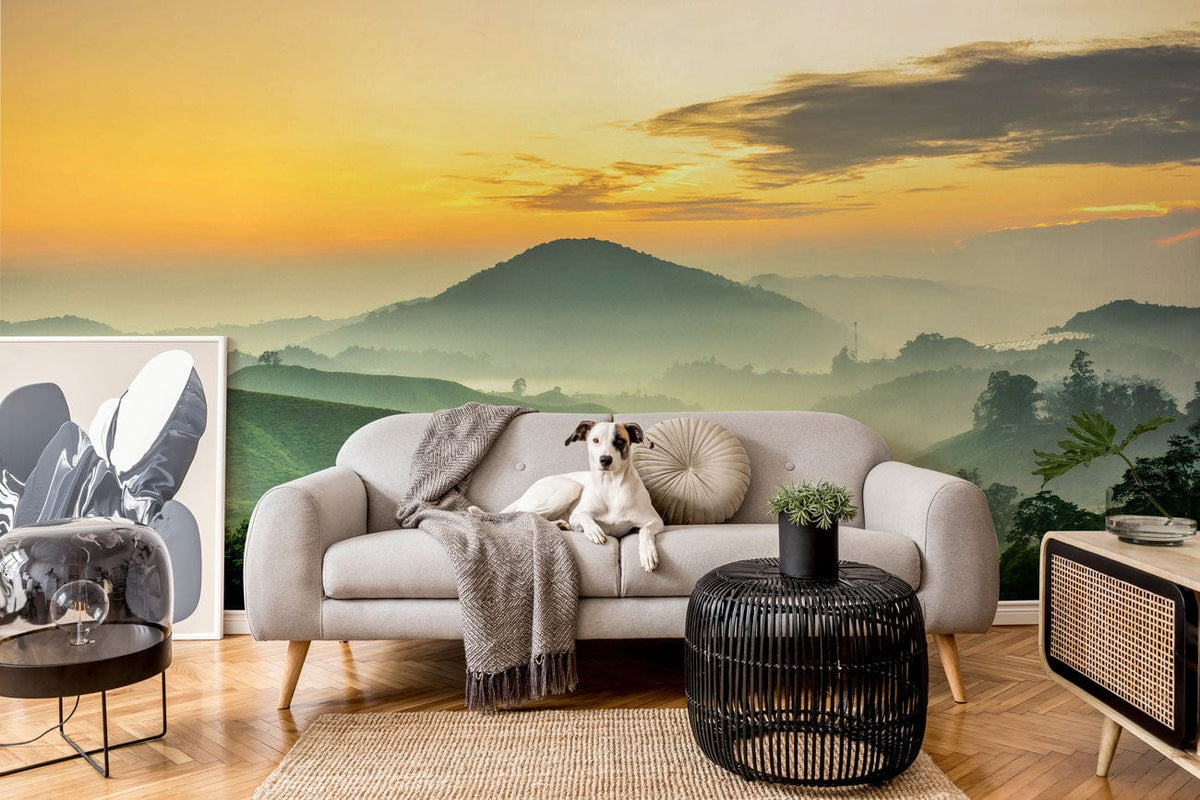Serene Sunrise Misty Mountain wallpaper in living room, grey sofa, parquet flooring, black wicker table.