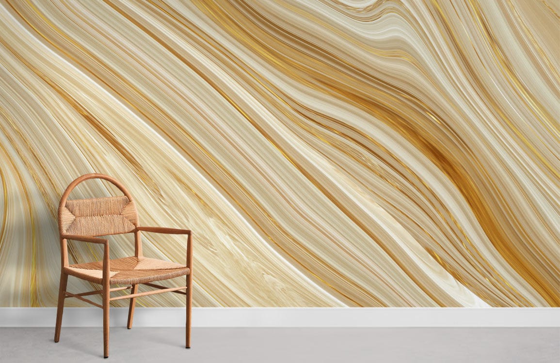 Elegant Golden Marble Swirl Wallpaper with woven chair, beige wall, concrete flooring in modern living space.