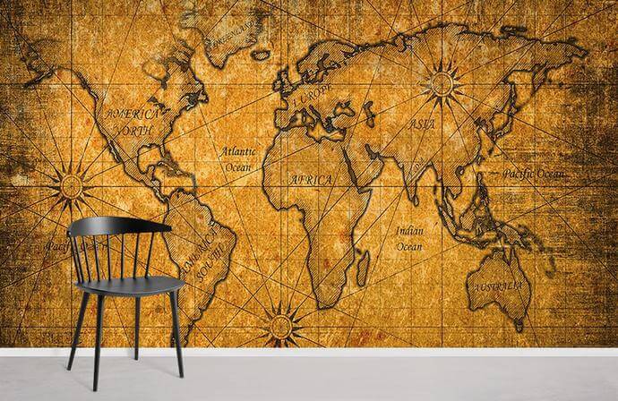 Antique World Map Vintage Mural Wallpaper in sepia tones with black chair, white floor, wall decor.