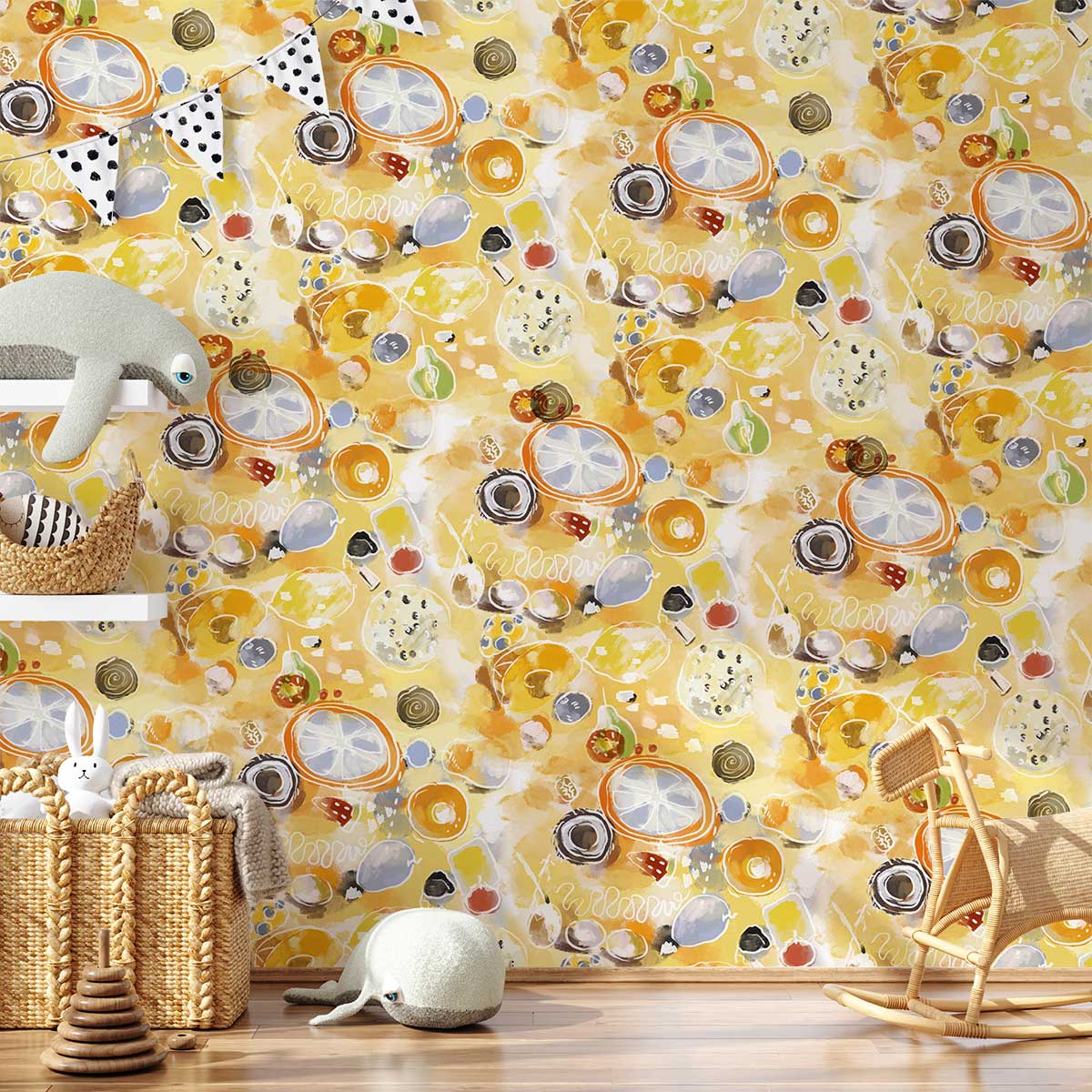 Vibrant Yellow Abstract Pattern Wallpaper in nursery with wooden floor, playful decor, cosy pastel accessories.