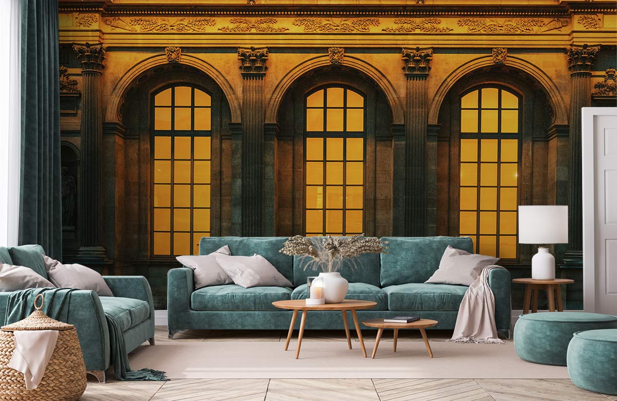 Golden Sunset Architectural Elegance Wallpaper, teal sofas, wooden tables, elegant room design, warm tones.
